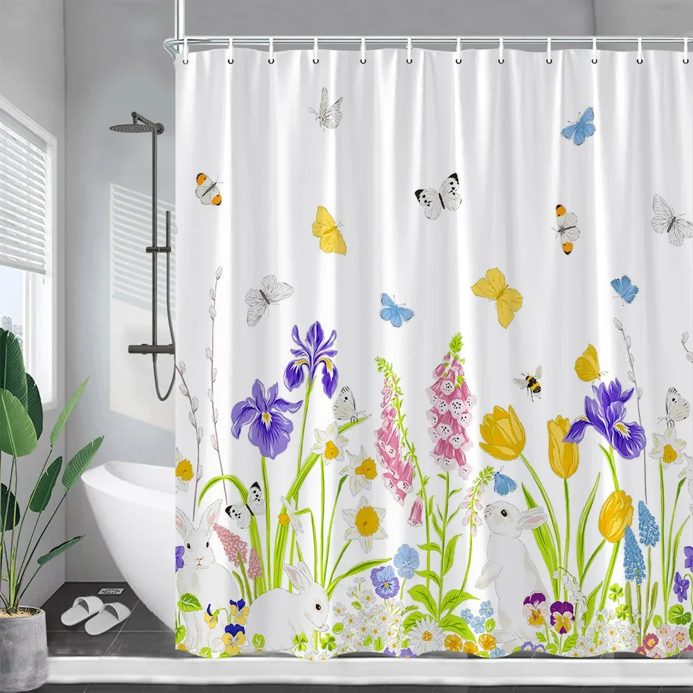 Easter Bunny Shower Curtains Rustic Wood Plank Rabbit Spring Butterfly Flowers Bath Curtain Polyester Bathroom Decor with Hooks