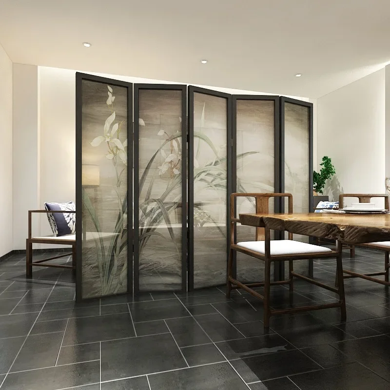 Chinese screen partition modern simple living room hotel office solid wood mobile decoration orchid folding porch folding screen