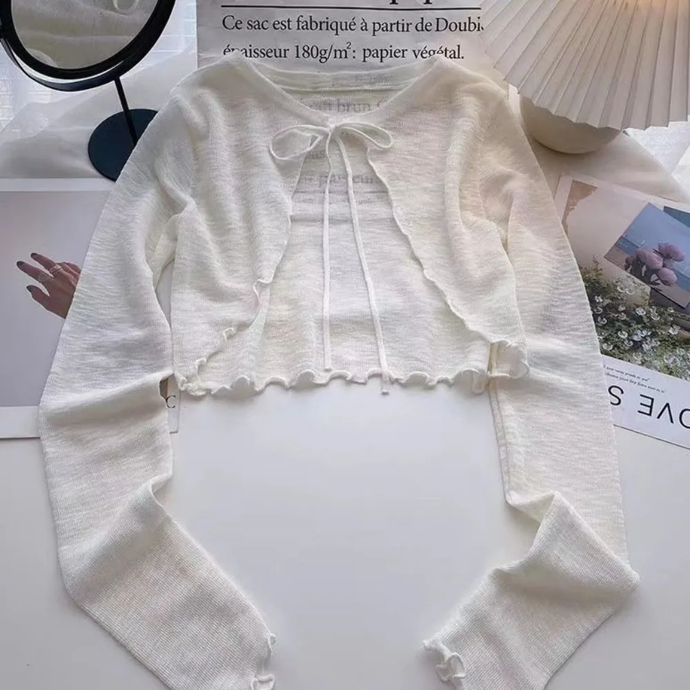 

Soft Thin Sun Protected Cardigan Knit Lace-up Design Lace-up Knitwear Breathable Short Length Lantern Sleeve Coat Sun Protection