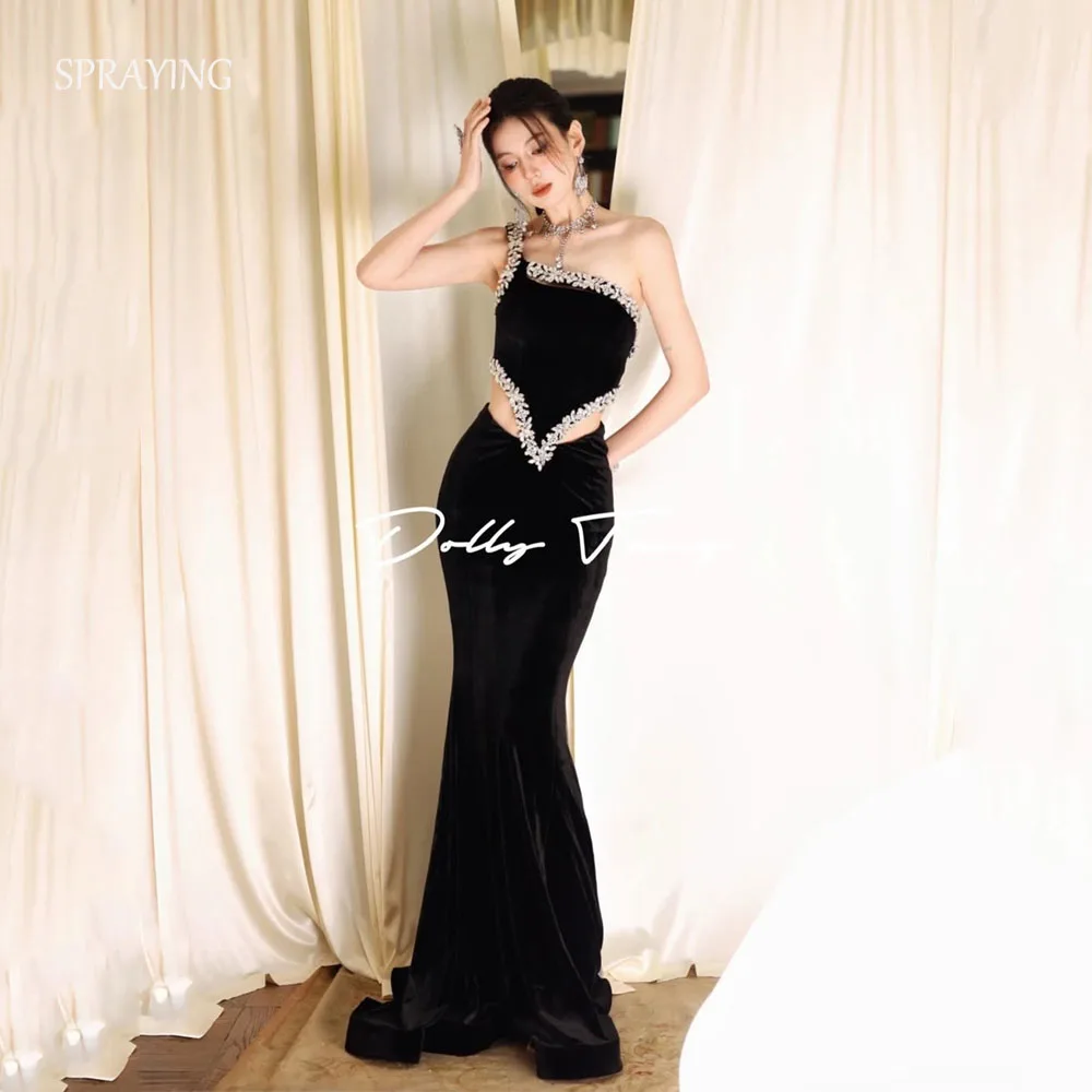 SPRAYING Black Velvet Sparkly Diamond Evening Dress One Shoulder 2Pcs Party Dress Mermaid Long Formal Event Dress Customized