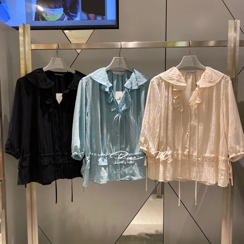 

Рубашка Slim Fit с тонкой талией, воротником-стойкой, плиссировкой, универсальная, стройнящая, в корейском стиле, с пуговицами, с коротким рукавом