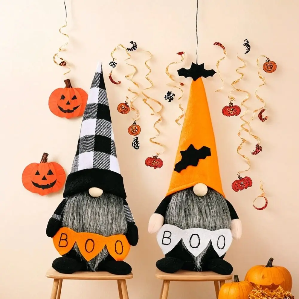 Poupées nains elfes à longue barbe pour Halloween, chauve-souris, chapeau orange Boo, poupées naines en pain d'épice, décorations de gnomes d'Halloween faites à la main à carreaux