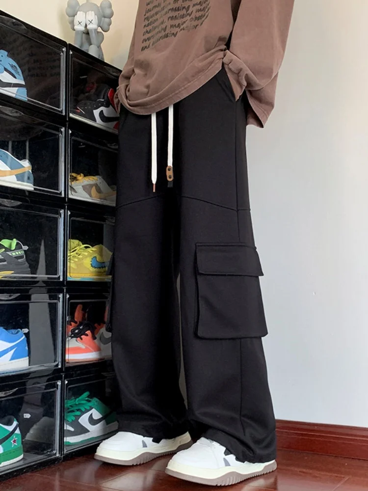 

Men's Workwear Pants with Big kets Dstring Cuffed Wide Leg Long Trousers American High Street Hiphop Sle Casual Pants