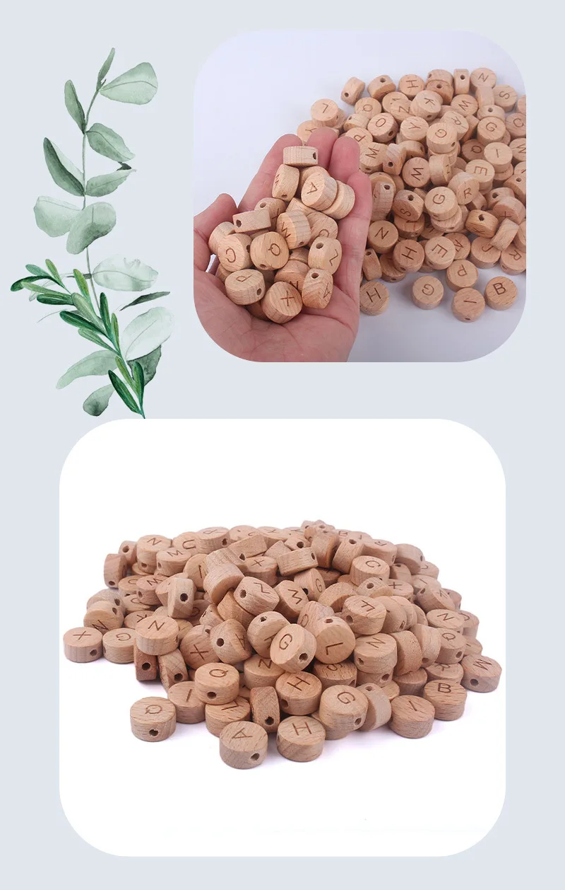 50 stücke Flache Runde Holz Alphabet Perlen Natürliche Holz Buchstaben Perlen Für DIY Baby Zahnen Halskette Armband Schnuller Clip Kette – Detail 5