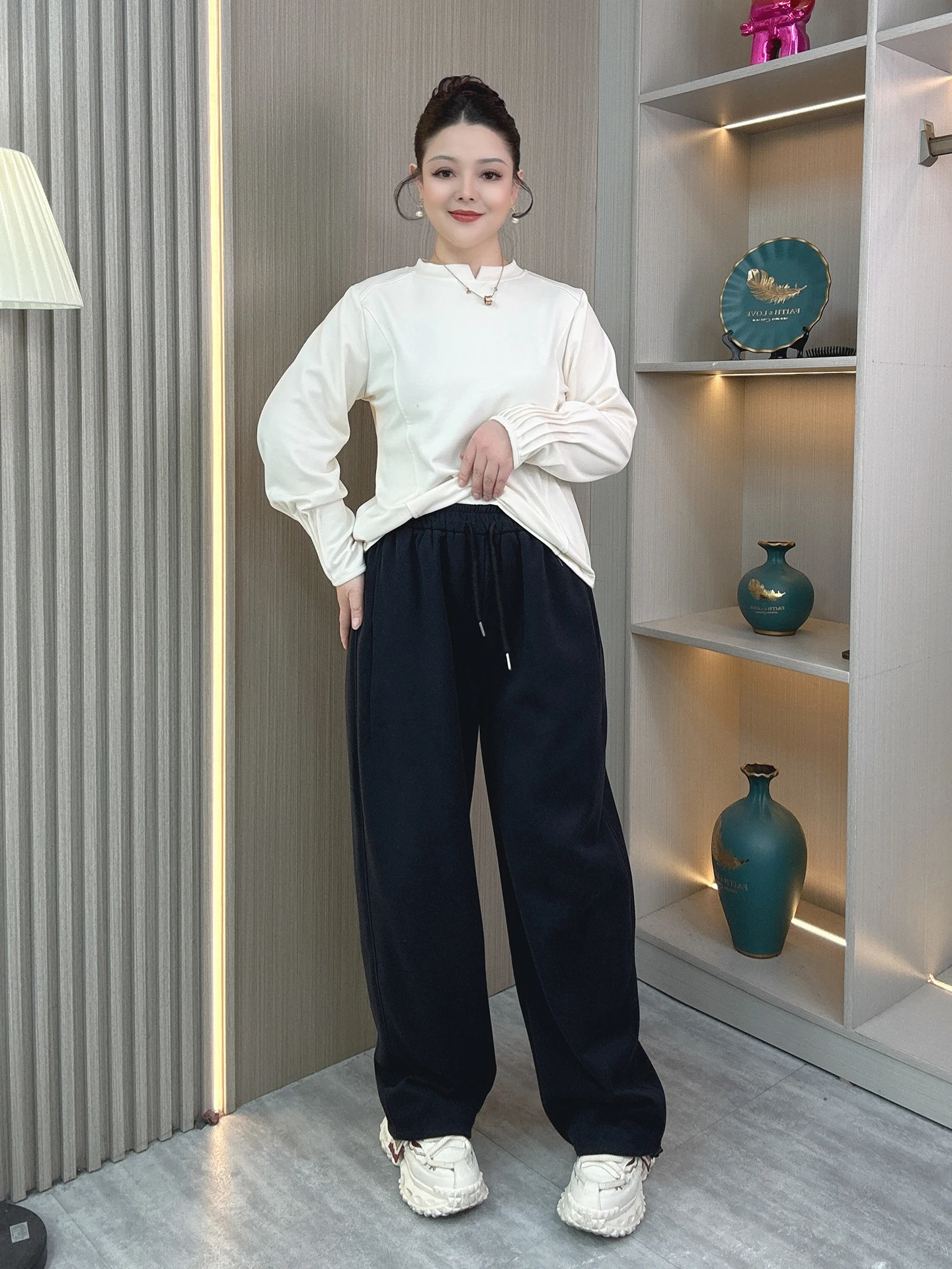 

Брюки с высокой талией и широкими штанинами, свободного кроя, повседневные, спортивные, с завязками, для полных женщин, весна-осень, новинка