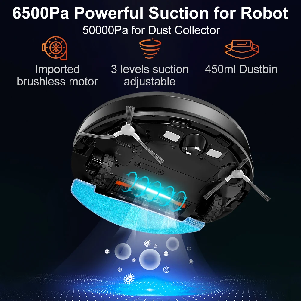 Fotografia 6: (Código promocional:EU1000)ABIR K30 Robot Aspirador de pó com doca auto-vazia, Sucção 6500PA, Mapeação Multi-Floor, Limpeza personalizada de sala seca molhada