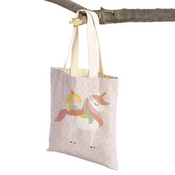 Cute Rainbow Unicorn Castle Princess Casual Women Shopping Bags Animal Canvas Supermarket Shopper Bag Reusable Tote Handbag