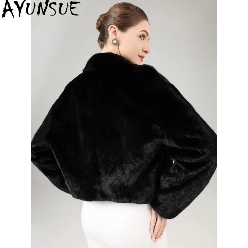 AYUNSUE Cappotto di pelliccia vera Donna Giacche invernali di lusso Donna Colletto alla coreana Giacca di pelliccia Visone intero Cappotti di pelliccia nera Abbigliamento donna Шу].