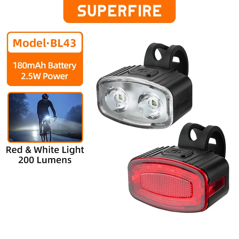 

SUPERFIRE BL43 Bicycle Front+Tail Light USB C Rechargeable Mountain Bike Lamp Red LED Cycling Warning Light Bicycle Accessories