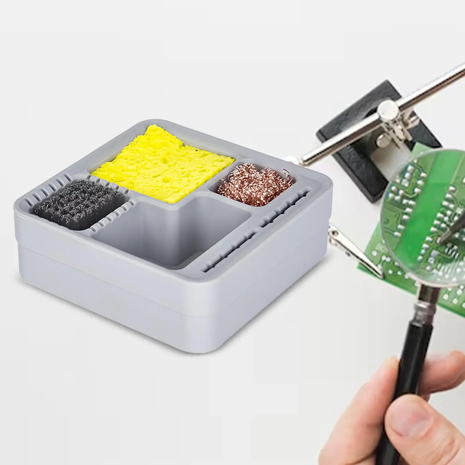 Pojemnik na odlewy cynowe, Środek do czyszczenia końcówek lutowniczych, Pojemnik na odlewy cynowe, Gąbka lutownicza, Uchwyt na lutownicę, Pojemnik do przechowywania cyny