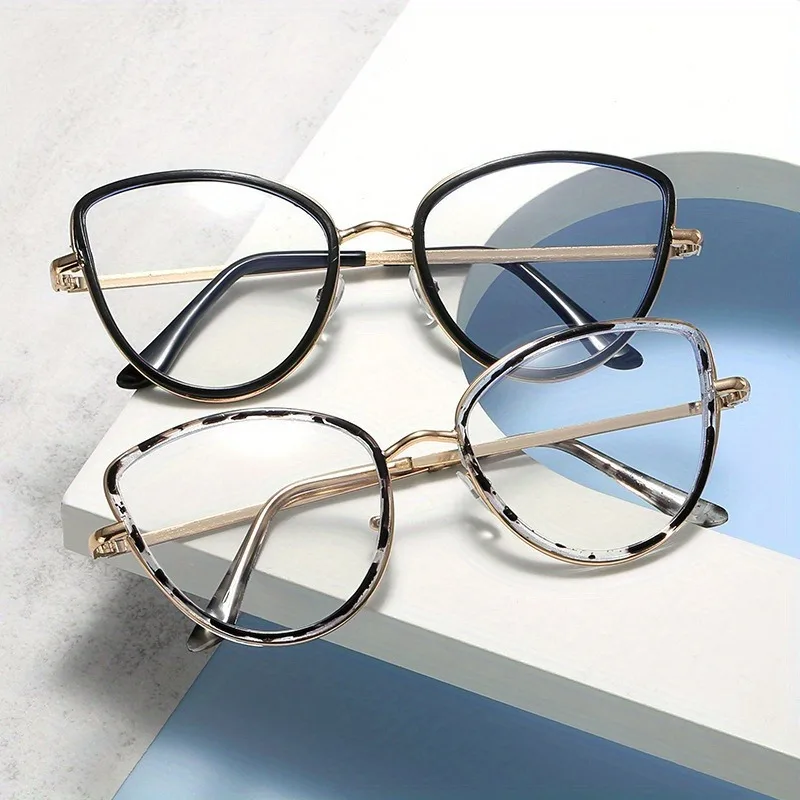 Retro Damen Anti-Blaulicht Metall Katzenaugen Flachspiegel-Brille, Modische Anti-Blaulicht-Brille, Bürobrille