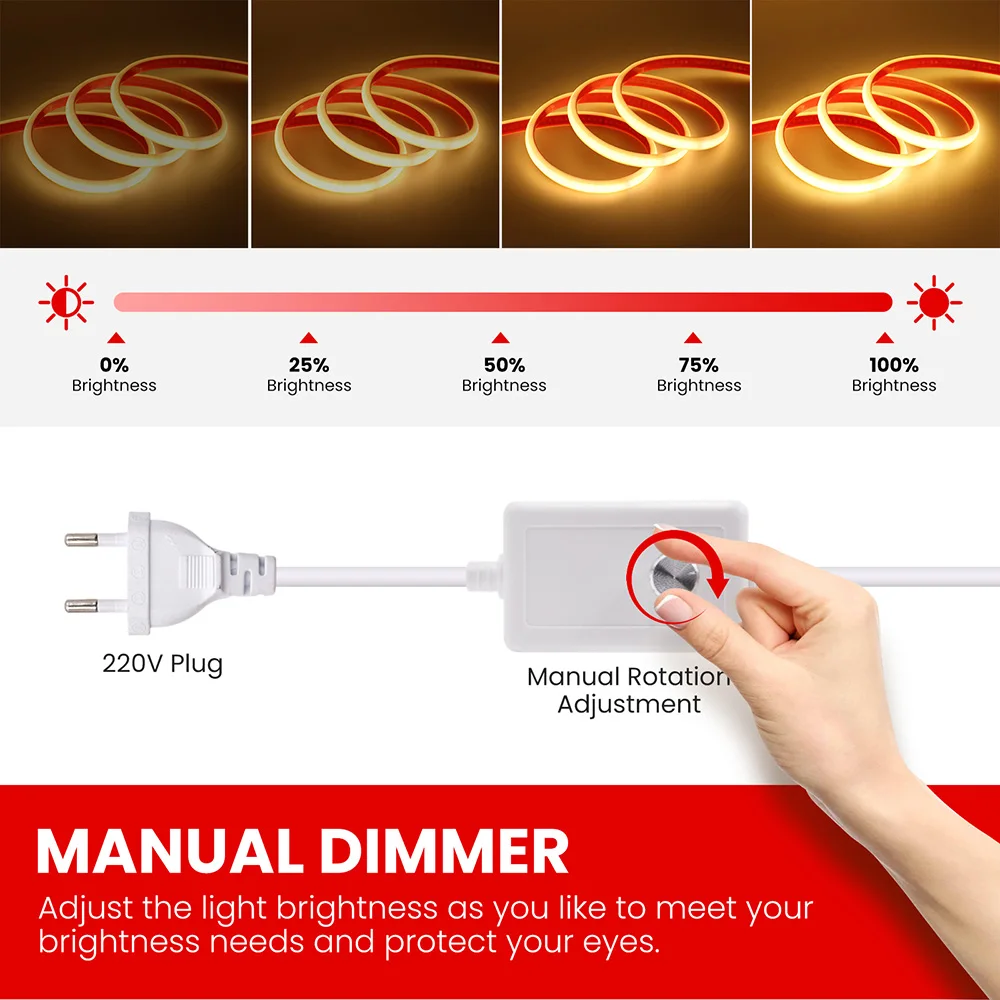 Imagem -03 - Dimmable Cob Led Neon Strip Fita Adesiva Luz com Dimmer Power Plug Kit 220v 240led Luzes Flexíveis Impermeável Iluminação Liner