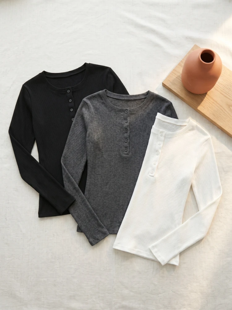 Vintage Slim Fit Versatile Women T-Shirt  Autumn Winter Women T Shirt Casual Button O-Neck Long Sleeve Tees Femme Ribbed Y2k Top