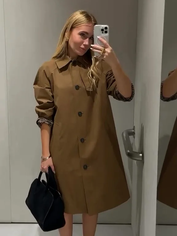 Trench monopetto solido moda per donna Giacca lunga casual con risvolto a maniche lunghe 2025 Autunno New Lady Capispalla Street