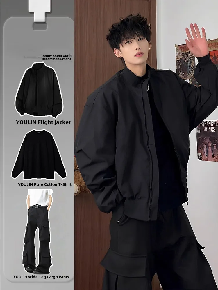 

Bla American Sle Flight Jaet ort Coat Men's Faionable Tee-Proof Stand Collar Zipper Closure Casual Outdoor Coat