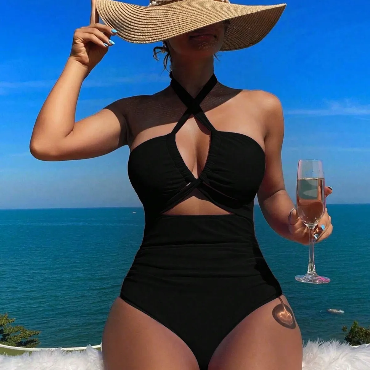Women Swimsuit Halter Neck Solid Swimsuit Backless Waist Cinching Bathing Suit Ruched Bust High Cut Swimwear Black Woman view 2