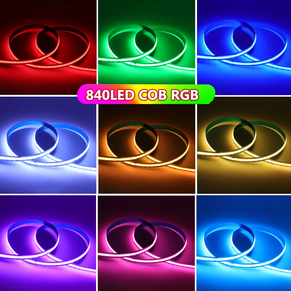 1M 2M 5M RGB COB LED Strip Light 12V 24V 840 LEDs/m Flexible High Bright Colorful LED Tape Light Bar for Indoor Room Decor