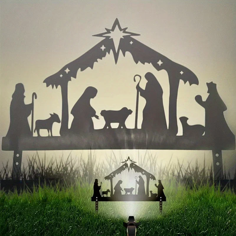 Outdoor Silhouette Nativity Garden Lawn Garden Logo Decoration With Metal Pile, 1pc Metal Halloween Christmas Eve Metal Craft