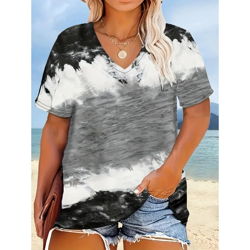 

Женская мода больших размеров с v-образным вырезом, черно-белая контрастная футболка с цветным принтом, свободный топ, футболка с короткими рукавами