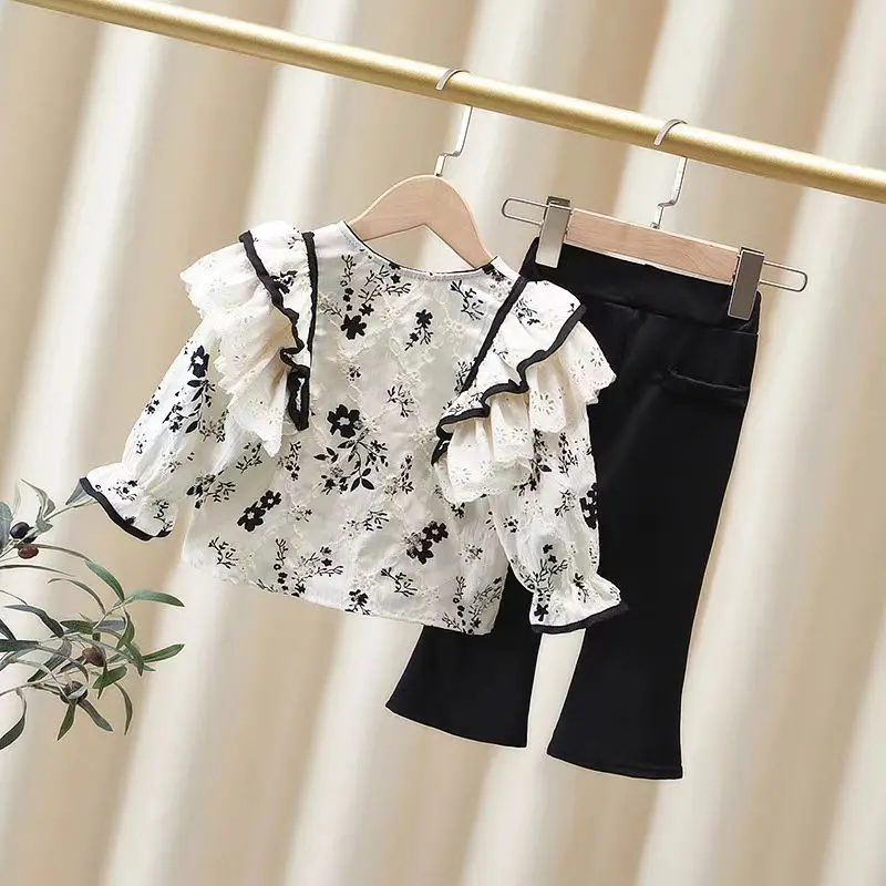 Spring Girls\' Clothing Sets Autumn Children\'s Clothing Fashion Lace Lace Shirt+Bellbottom Pants Set for Baby Girls Kids Clothes