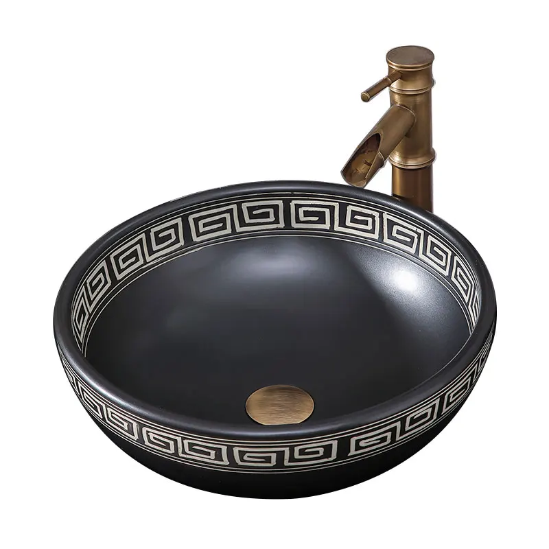 

Ванная комната Новая прилавка в китайском стиле Антикварный умывальник Умывальник для ванной комнаты Черная раковина для балкона