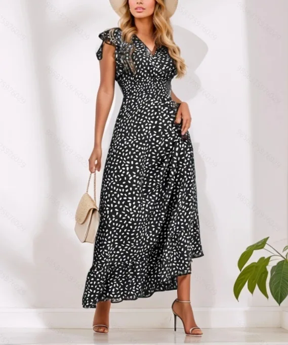 

2024 Spring And Summer V-neck Waist Slim-fit Ankle-length Long Skirt Ruffled Polka Dot A-line Light Dress For Women