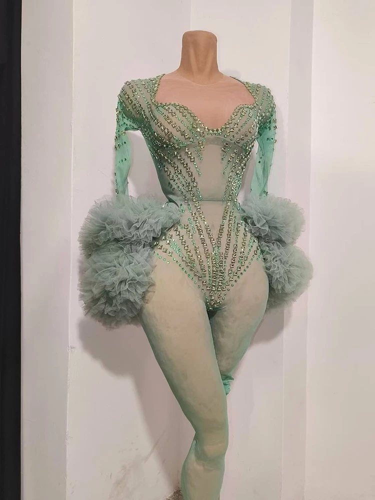 Sparkly Green Rhinestone Bodysuit Nightclub Performance Costumes Women Special Occassion Drag Queen Costume Nightclub Show Wear