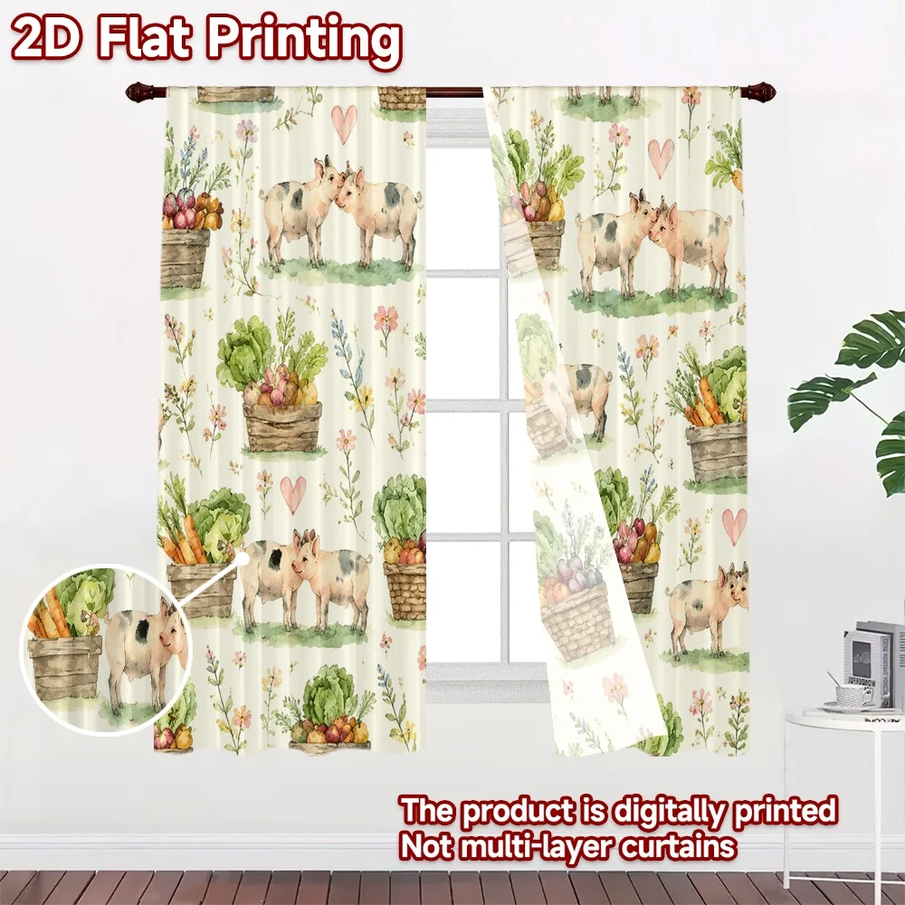 2D FLAT PRINTING 2pcs Curtains (Without Rod) Farm Pigs and Vegetables Print Chic Curtains Durable 100% Polyester Fabric Curtains