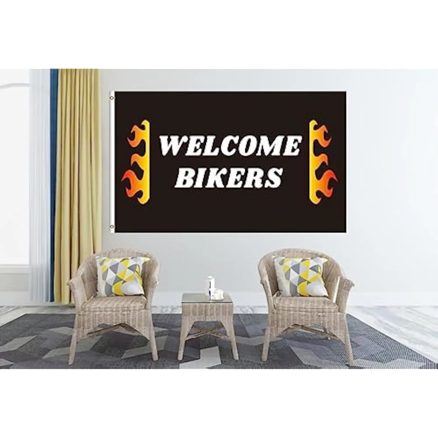 Welcome Bikers Flame Design Flag 3x5 Ft And 4x6FT Garage Wall Decor Man Cave Banner