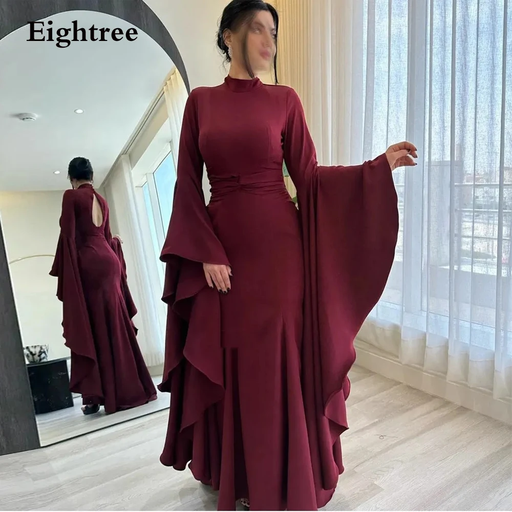 

Eightree Vintage Mermaid Evening Party Dresses Long Sleeve High Neck Arabic Dubai Foraml Event Dress Burgundy Prom Party Gowns