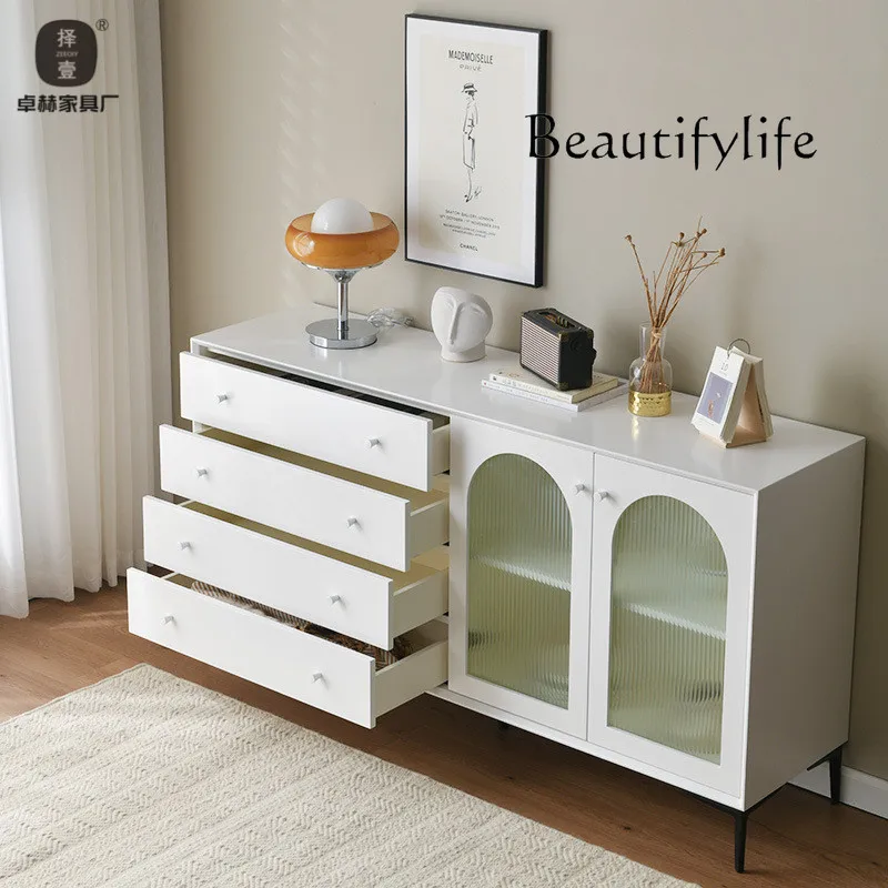 Italian light luxury white paint dining side cabinet four buckets double glass door integrated  multi-functional tea cabinet