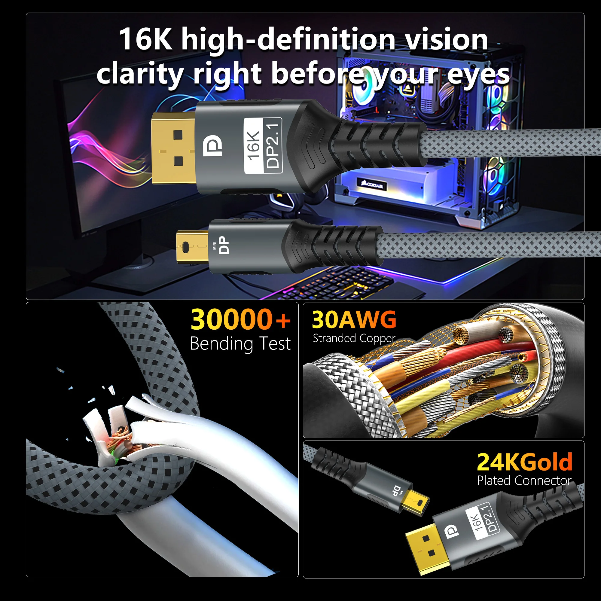 16K Mini DisplayPort to DisplayPort Cable DP2.1 Adapter 54Gbps Bi-Directional for Gaming Laptop, MacBook, Monitor