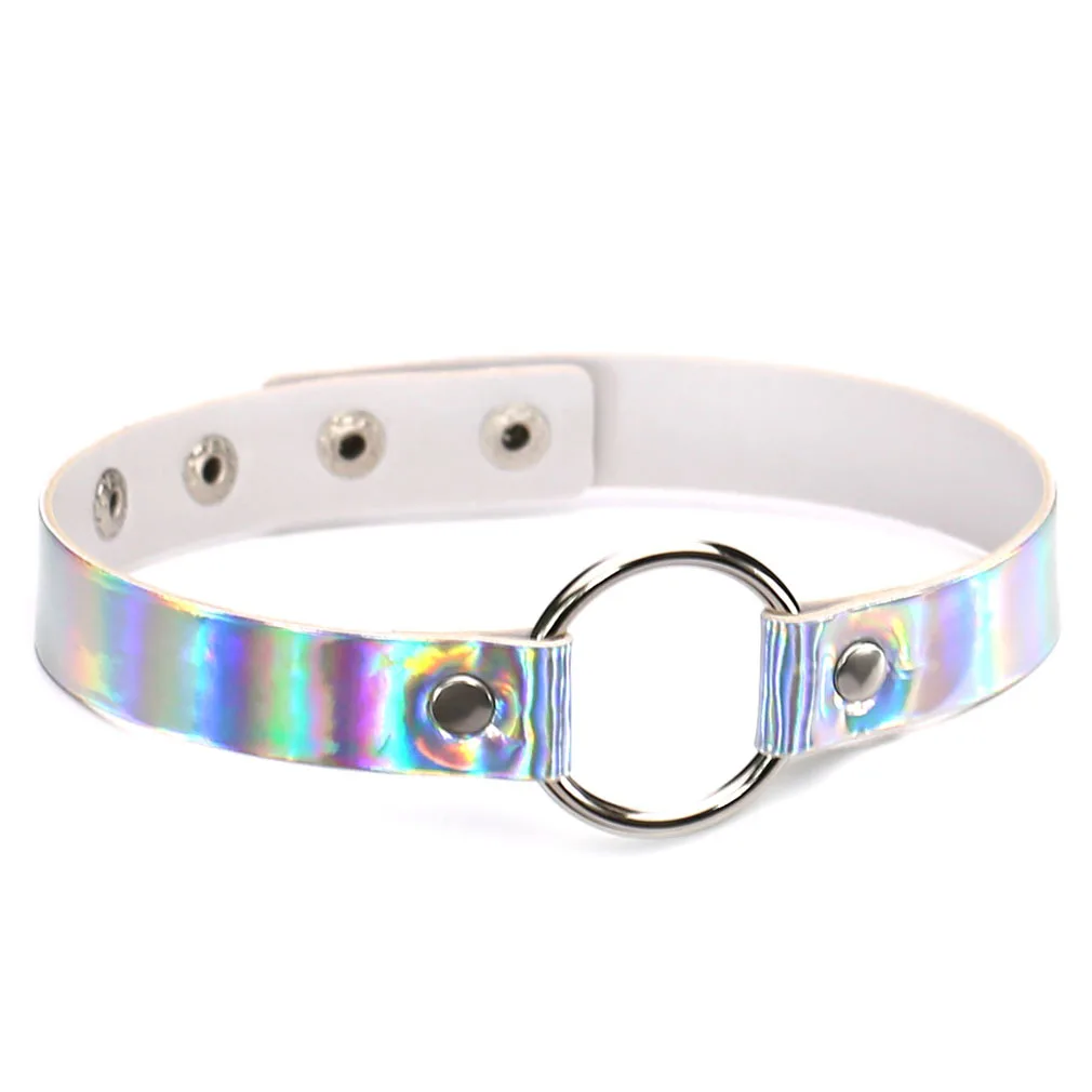 Punk Harajuku Personality Rock and roll  Laser Circle Adjustable Multicolored Leather Stainless steel Necklace Clavicle chain
