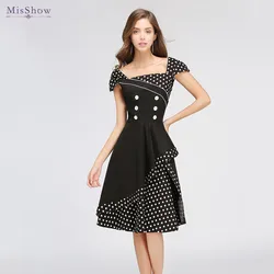 MisShow Polka Dot sukienka Vintage 50s 60s Retro dla kobiet Lolita warstwowe krótkie sukienki z guzikami Vestido Vintage