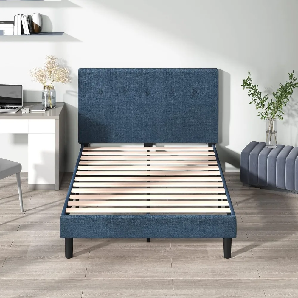 King Size Bed Frame, Mattress Foundation, Wood Slat Support, No Box Spring Needed, Upholstered Platform Bed Frame