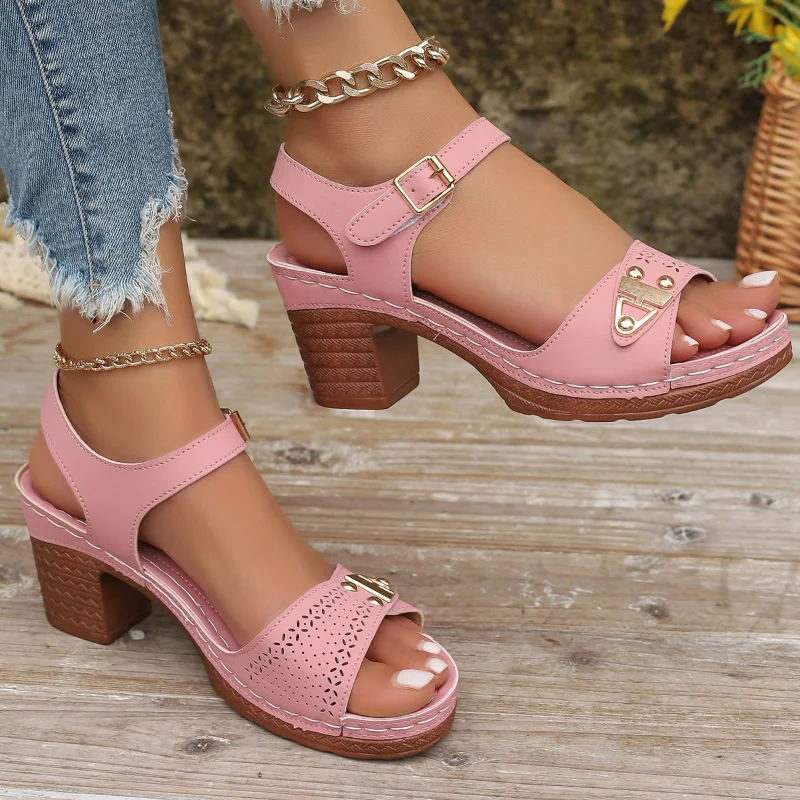 2024 summer new fashion round head comfortable casual high heels women\'s open toe sandals