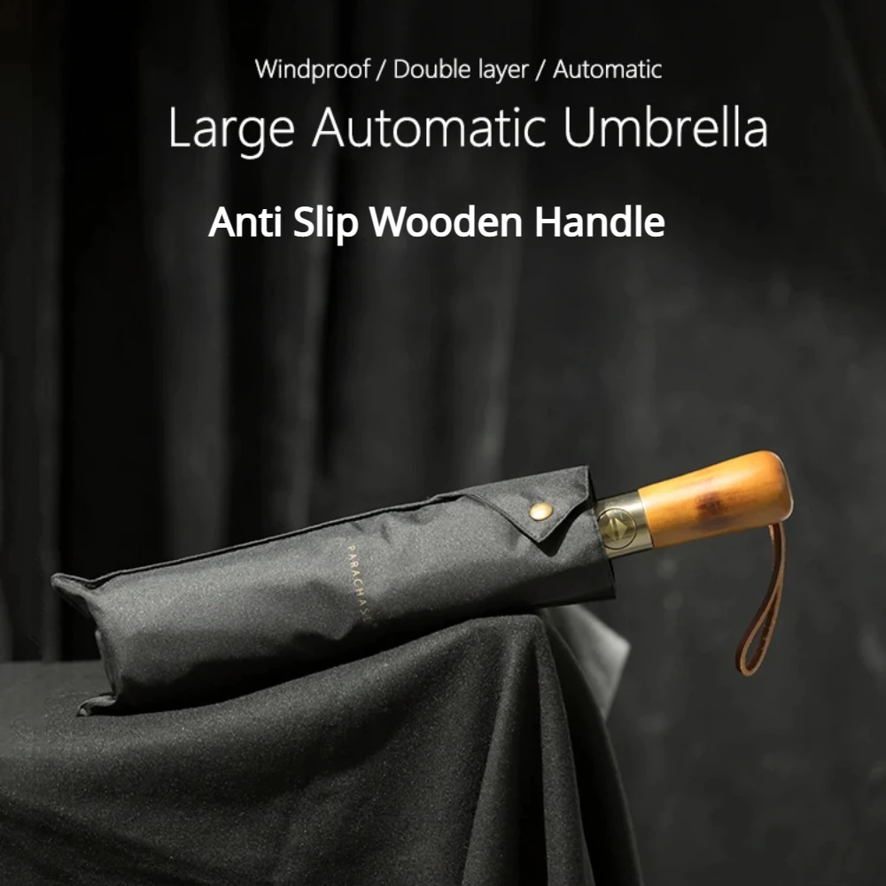 Fully Automatic Wooden Handle Umbrella Men\'S Portable Business Umbrellas Advanced Automatic Umbrella Black Sunscreen Umbrellas