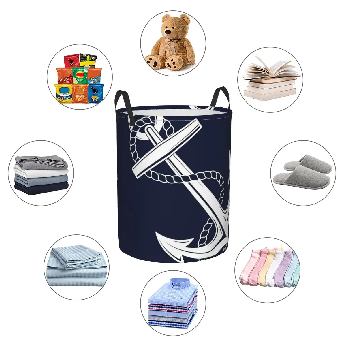 Anchor Nautical White & Navy Foldable Laundry Baskets Dirty Clothes Toys Sundries Storage Basket Home Organizer Large Waterproof