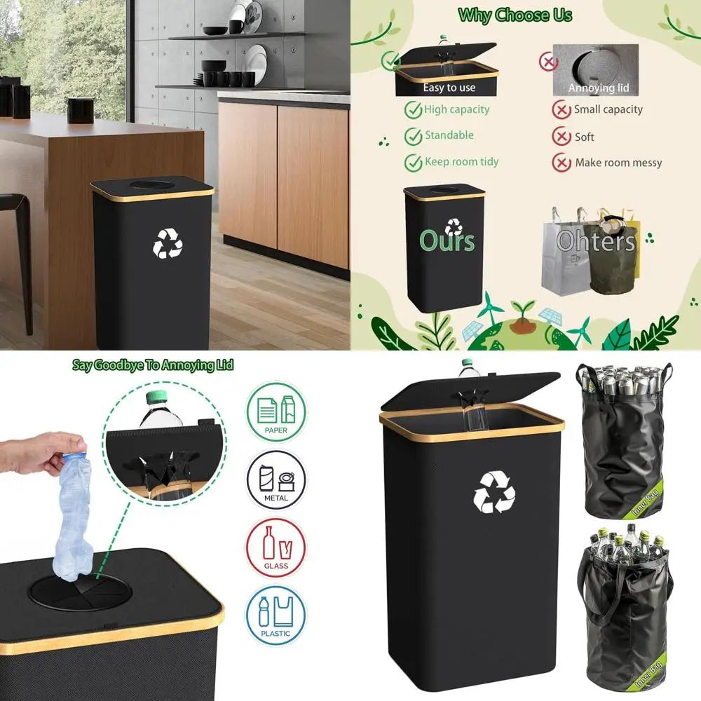 

Indoor Kitchen 100L Large Recycle Bin with Removable Lid and Reusable Bag for Bottles, Cans, Glass, and Plastic Waste, Black