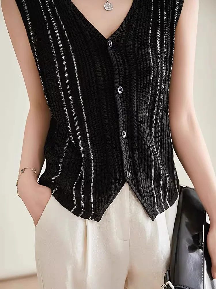 Faionable Knitted Svel V-Ne Cardigan Vest Versatile Top Slimming Straight Cut Commute Sle Korean Version Button D...