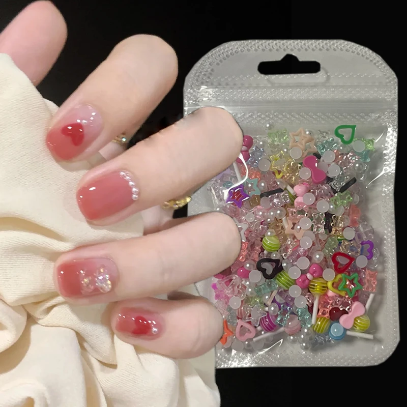 Mixed Nail Art Decoração, Kawaii Encantos das Unhas, Estrelas Resina, Urso, Coração, 3D, Bonito, Manicure, Y2K, 15g, Sobre 300Pcs