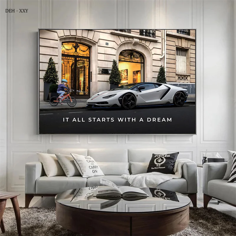 Motivational Wall Art Picture It All Starts with A Dream Little Boy See Super Car Poster Canvas Print Painting for Home Decor
