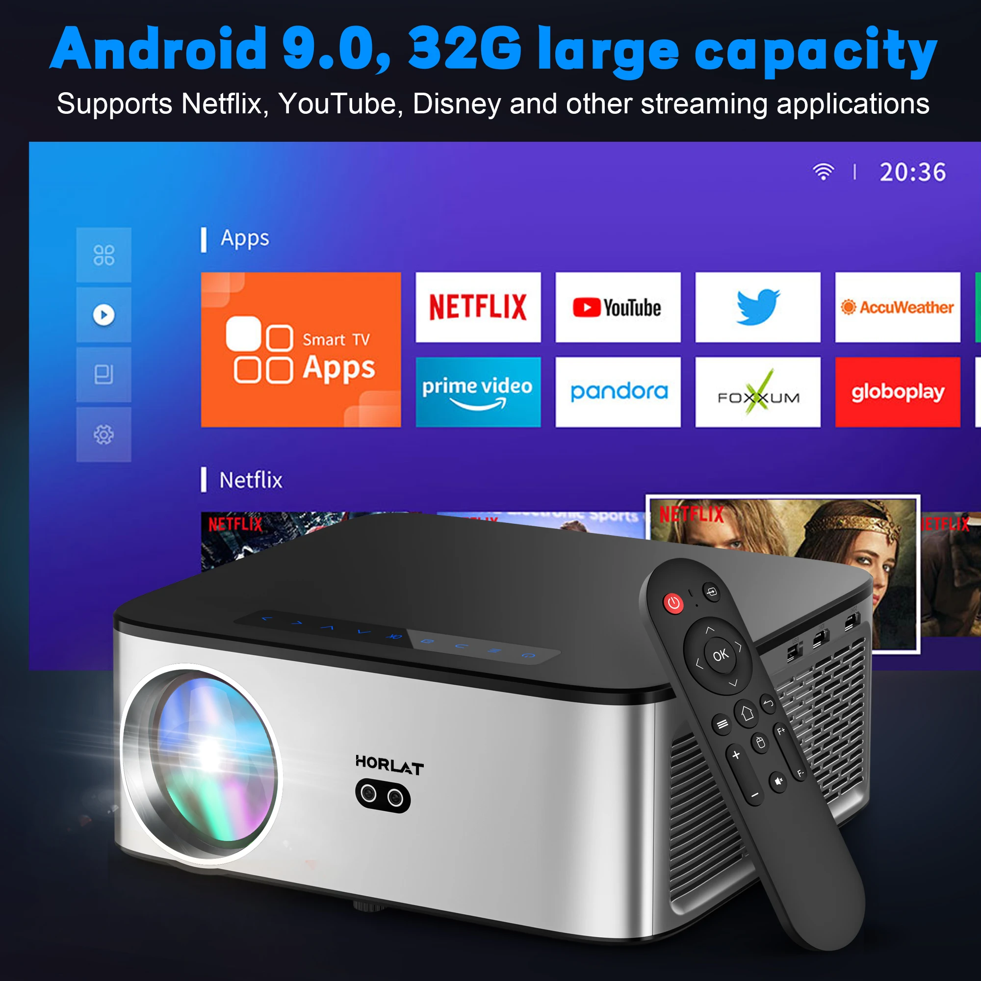 HORLAT 26000Lumenes Android 4K Projector 8K Video Dolby Audio Home Theater AutoFocus Keystone 5G WiFi Portable Proyector Beamer