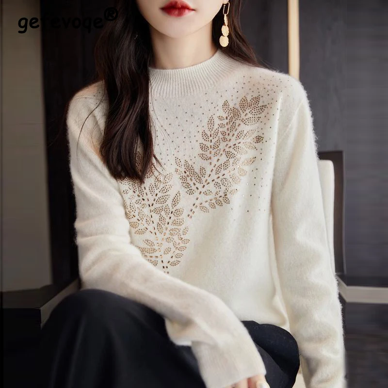 

Women Stylish Rhinestone Elegant Chic Soft Cashmere Knitted Sweater Autumn Winter O Neck Long Sleeve Loose Pullover Tops Jumper