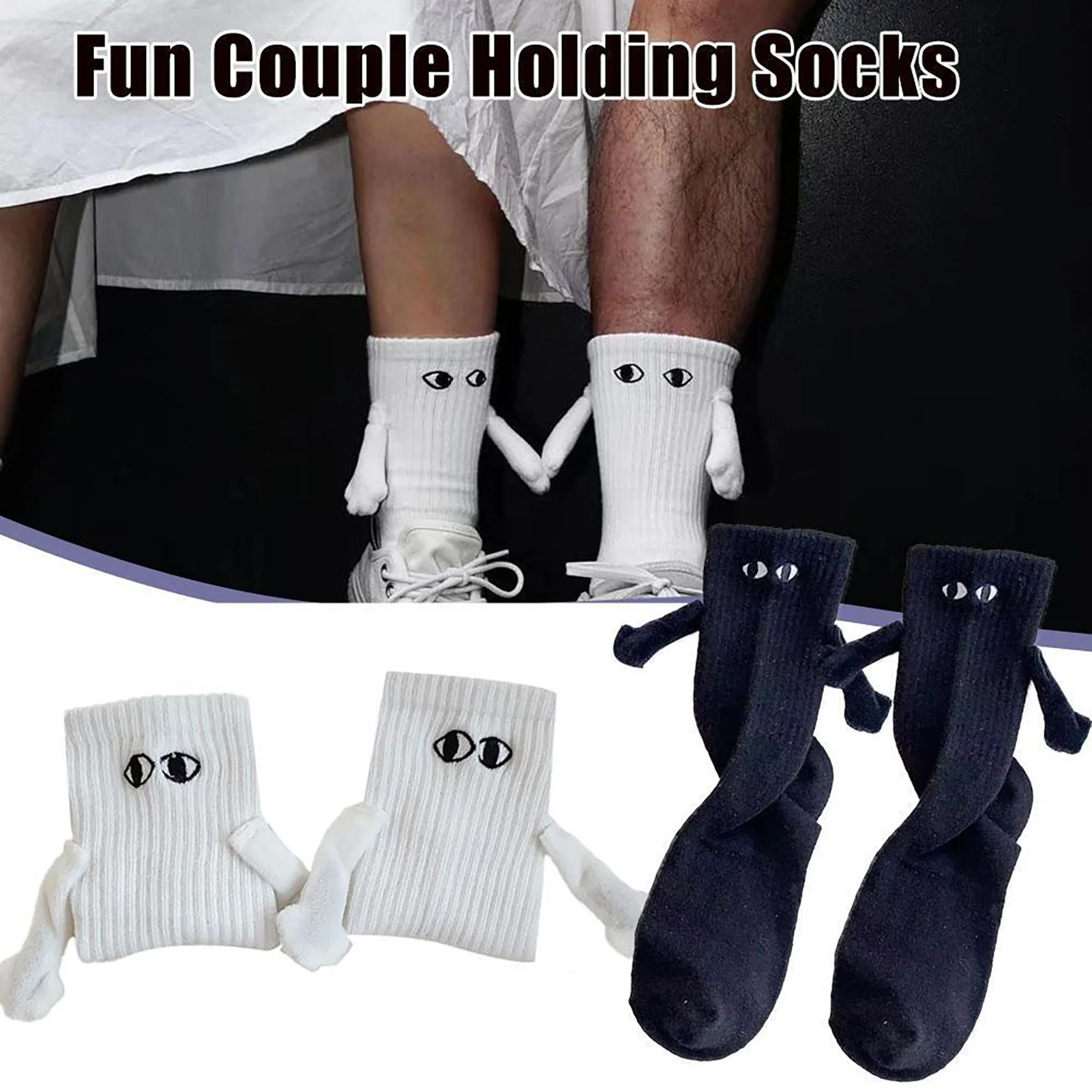 

1pair Kawaii Women Socks Long Sock Black White Couple Holding Hands Socks Girls Sweet Harajuku Doll Couple Cotton Couple Sox