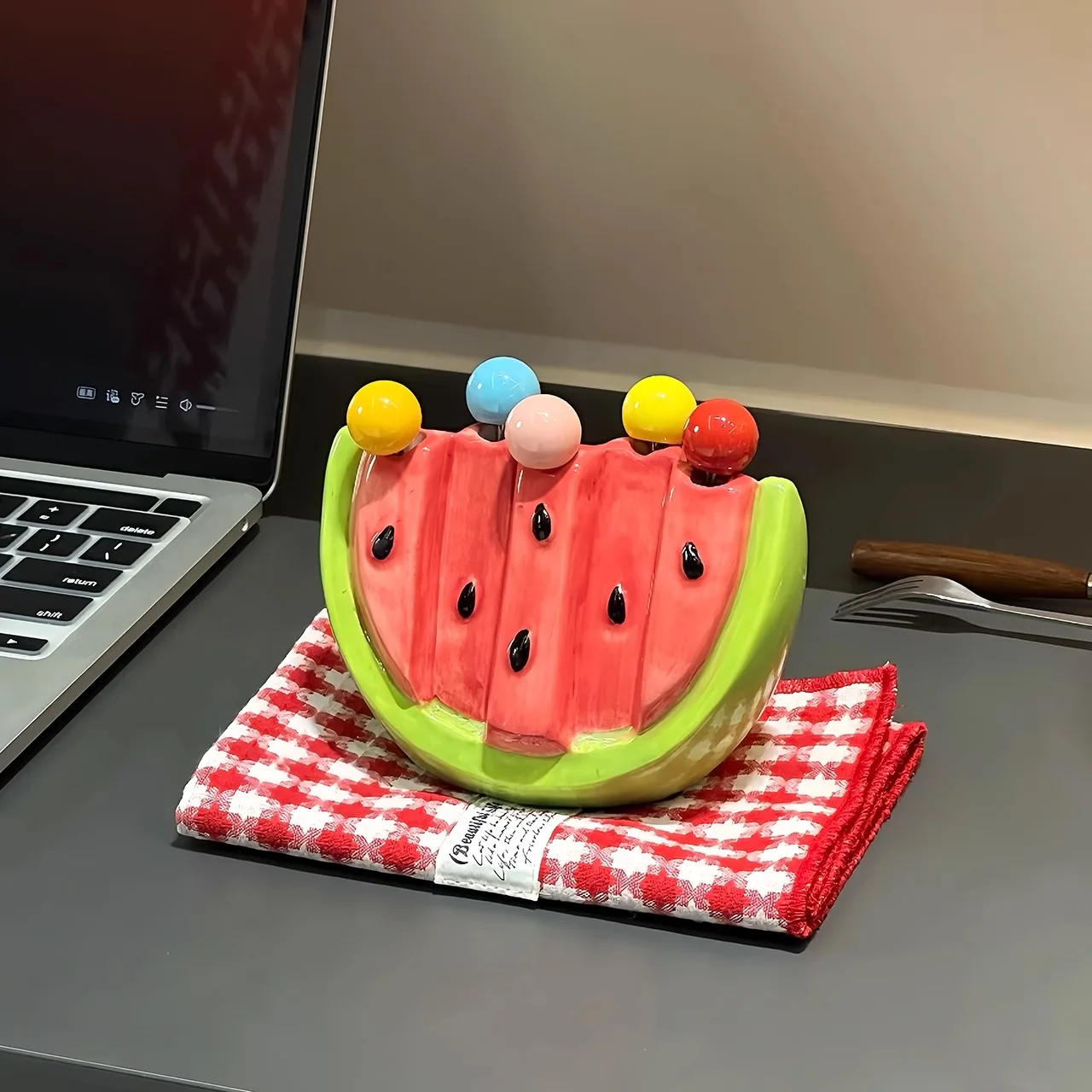 

Summer Watermelon Fruit Fork Household Stainless Steel Light Luxury Premium Storage Jar Set Child Safety Fork Fruit Stick