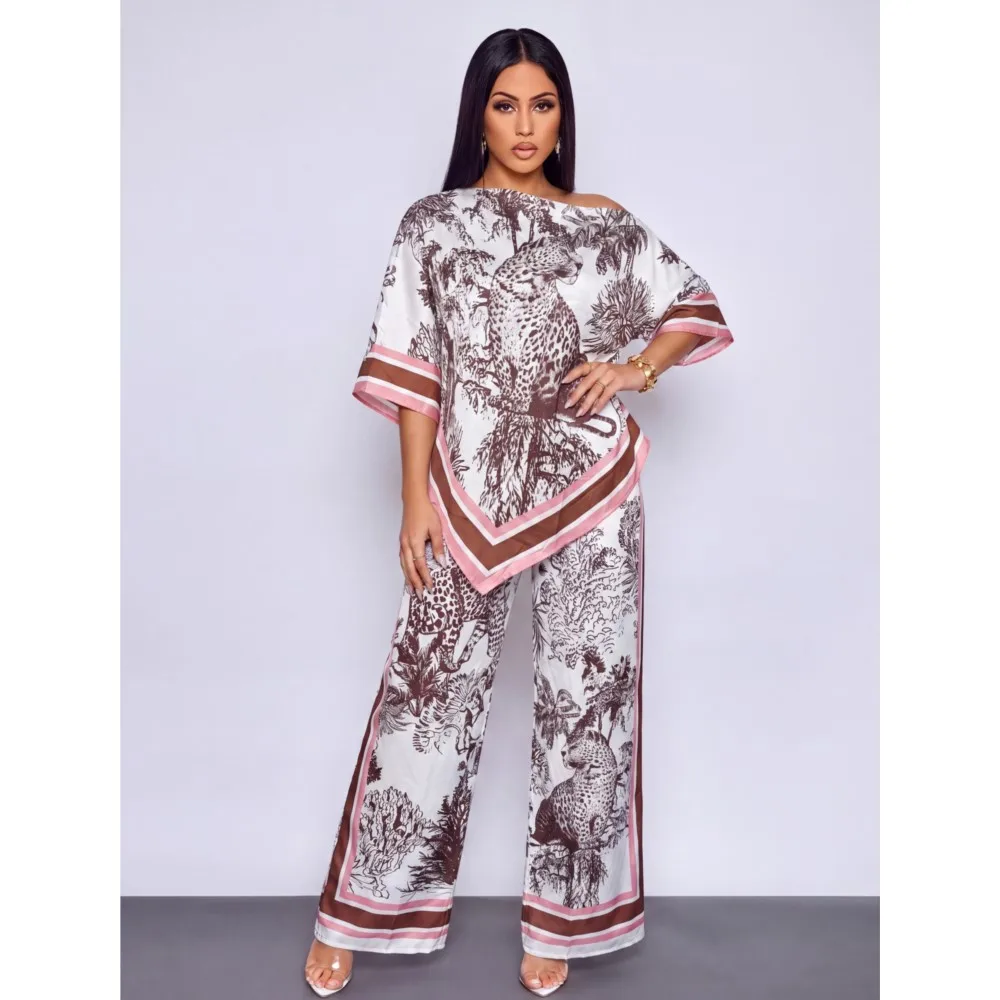 Spring Summer Fashion Printed Irregular Top Bottom 2piece Set Women Casual Single Sleeve Loose Fitting Wide Footed Long PantsSet