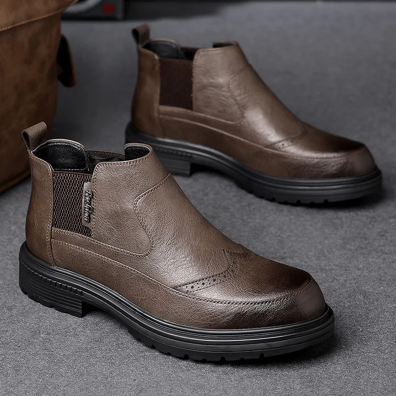

Men's Casual High-top Leather Shoes 2025 Autumn And Winter New Short Boots Men's Trendy Outdoor Non-slip Business Chelsea Boots