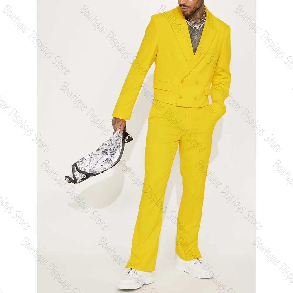 Daily Yellow Double Breasted Men Suit Two Pieces(Jacket+Pants) Outfits Casual Party Prom Wedding Set