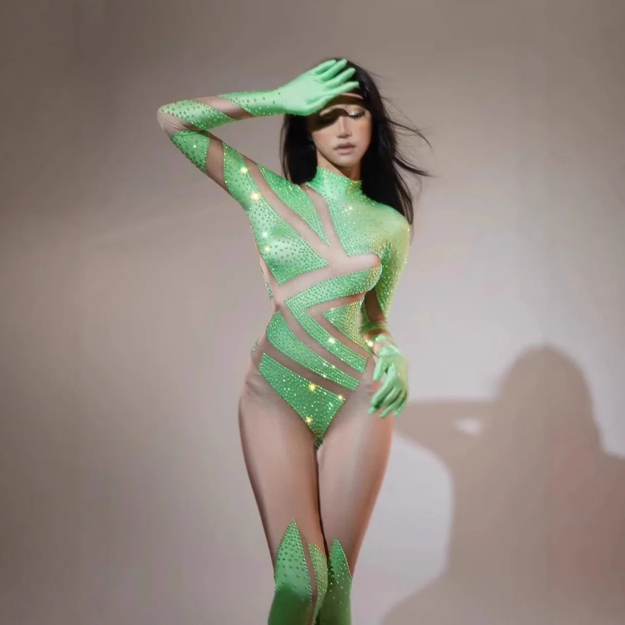 Fashionable Long-sleeve Tight One-piece Suits For Gogo Performance Women Sensuality Bar Nightclub Evening Gown Spicy Girl